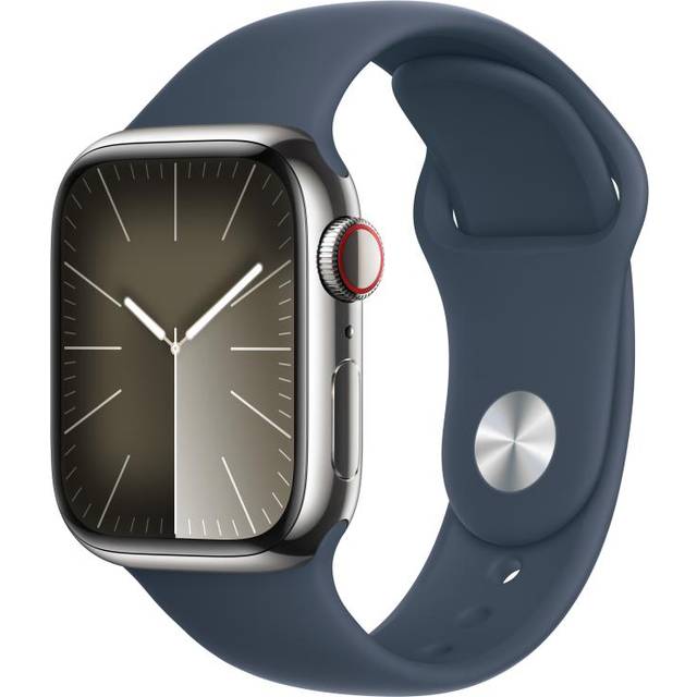 Apple Watch Series 9 GPS + Cellular 41 mm silver rostfritt stålboett med Stormblå sportband - M/L