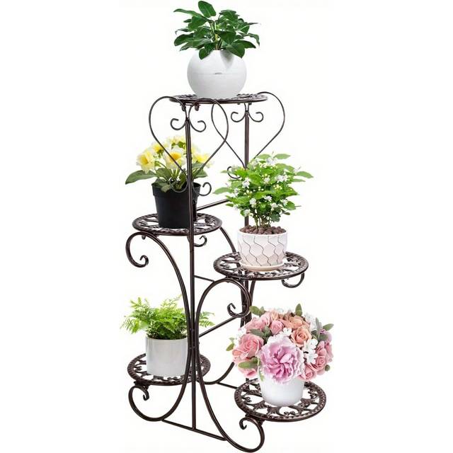 SHEIN 5 Tier Plant Stand Metal Tall Flower Pot Rack Holder Multi-Layer Display Planter Shelf For Indoor Outdoor 40 X 83 X 22cm Brown
