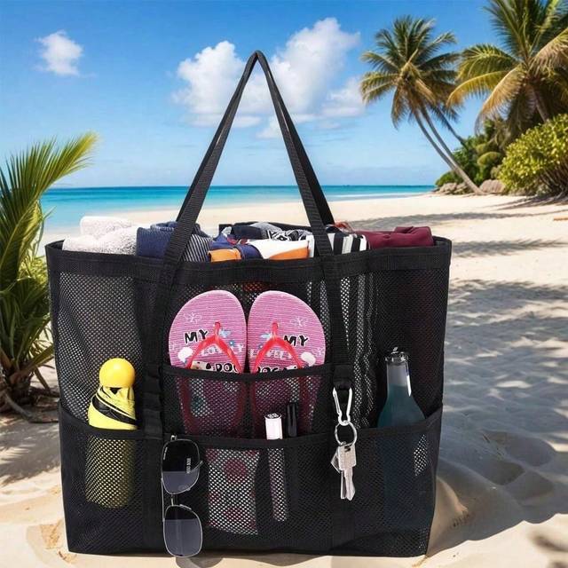 SHEIN 1PC Large Mesh Beach Bag - Sandproof Swim Tote Bag Oversized For Family Foldable Lightweight Pool Boat Bag
