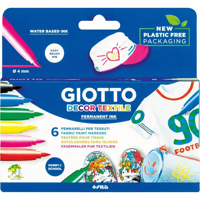 Decor Textile Fabric Pen Markers for Children, Box of 6 Assorted Colours, Clothes/Bags/T-Shirts, Dress Up, Ideal for Home and Schools