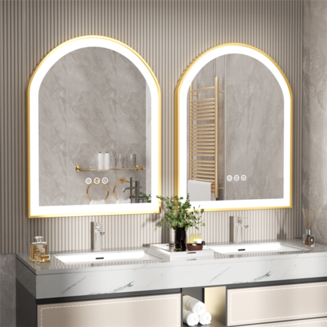 Gold bathroom mirror with lights 36" led backlit arch wall mirror brushed frame