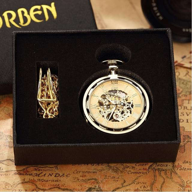 (Gold with box) Antique Skeleton Mechanical Pocket Watch Men Steampunk Mechanical Fob