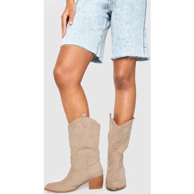 Womens Wide Fit Faux Suede Tab Detail Ankle Cowboy Western Boots - Tan - 5