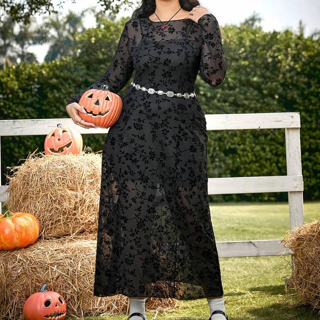 SHEIN Plus Size Women&#39;s Spring & Summer Floral Mesh Long Sleeve Maxi Casual Dress