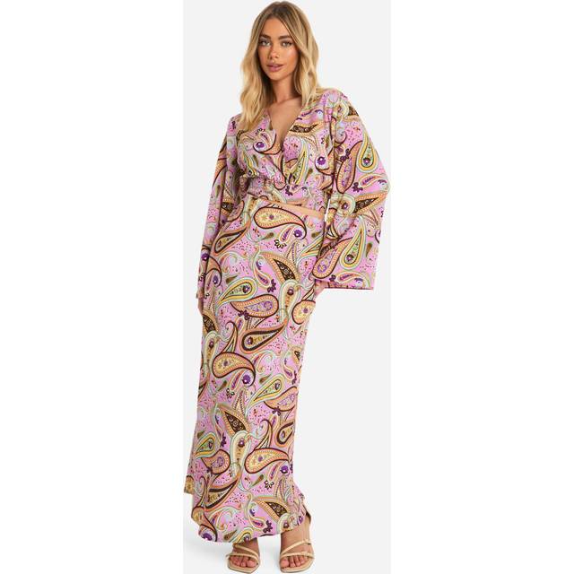 Womens Paisley Print Flared Sleeve Crop & Maxi Skirt - Multi - 10, Multi