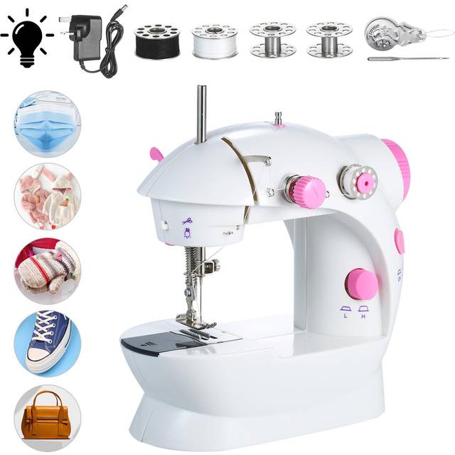 Adjustable 2-Speed Double Thread Mini Sewing Machine Portable Electric Household Multifunction Sewing Machin with Foot Pedal EU Plug pink