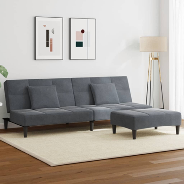 Bäddsoffa 2-sits med fotpall mörkgrå sammet
