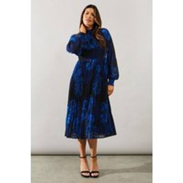 Womens Occasion Floral Pleated Tie Midi Dress - Blue - 12