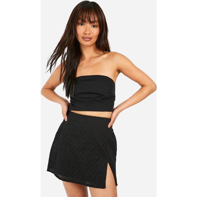 Womens Broderie Split Hem Mini Skirt - Black - 10, Black