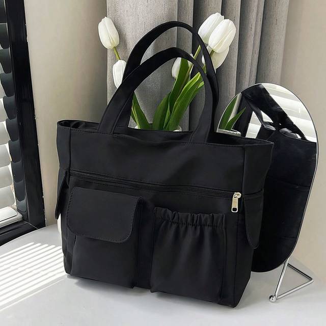SHEIN Women&#39;s Solid Color Versatile Tote Bag, Simple Multi-Pockets Large Capacity Underarm Bag For Students, New Design Casual Travel Vacation Shopping Hand