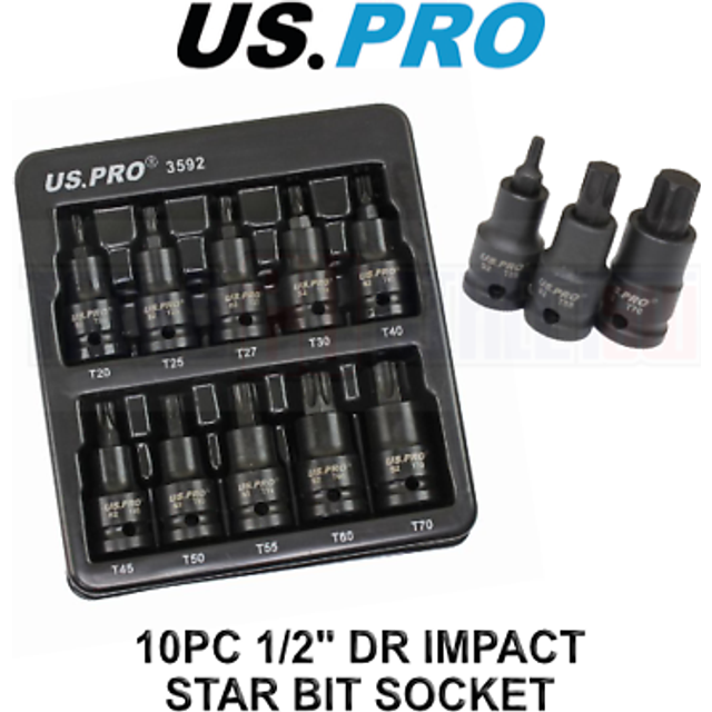 Us Pro Tools 10pc 1/2 Dr Torx Impact Star Bit Socket Set T20 - T70 3592