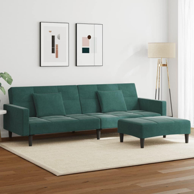 Bäddsoffa 2-sits med fotpall mörkgrön sammet