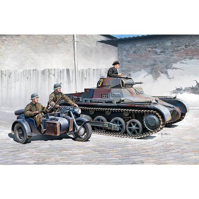 Academy 1/35 Scale WWII German Panzer I Ausf B & Motorcycle, ca.1939/40 Model Kit - Black