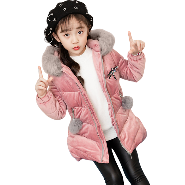 (Pink, 5-6Years) Kids Girl Winter Jacket Hooded Coat Velvet Outwear