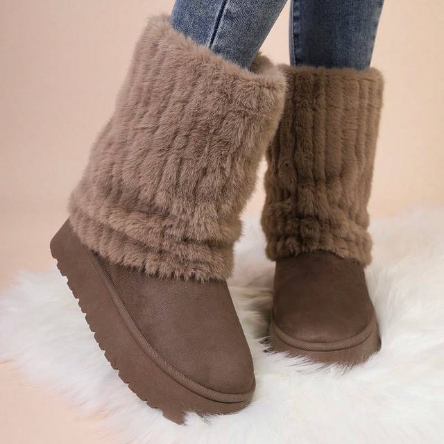 SHEIN Women&#39;s Plus Size New Warm Snow Boots Mid-Calf Boots, Thick Wedge Heel Anti-Slip Snow Boots, Thermal Lining, Soft Fabric Toe Design With Fur Trim, Bei