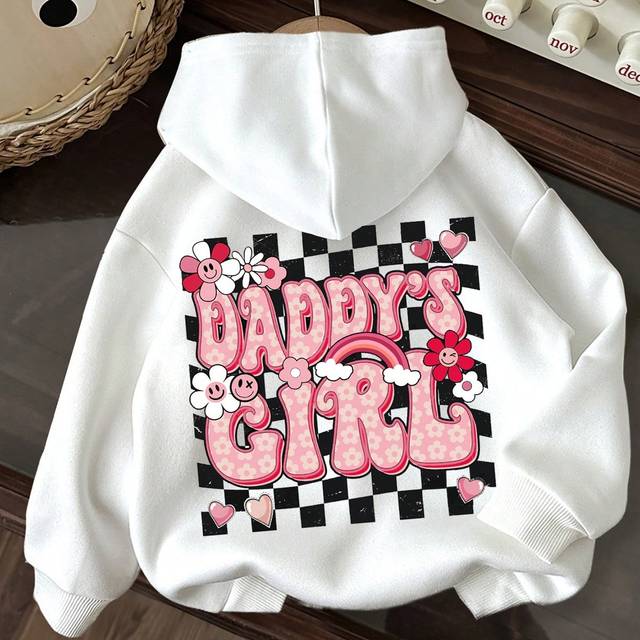 SHEIN Young Girls Casual Simple Cute Cartoon Plaid, Floral Heart, English Letter Print White Cozy Oversized Hooded Sweatshirt, Suitable For Autumn/Winter Ba