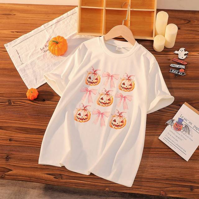 SHEIN Girls&#39; Casual Cute Halloween Pumpkin & Butterfly Print Short Sleeve T-Shirt, Summer Daily Wear