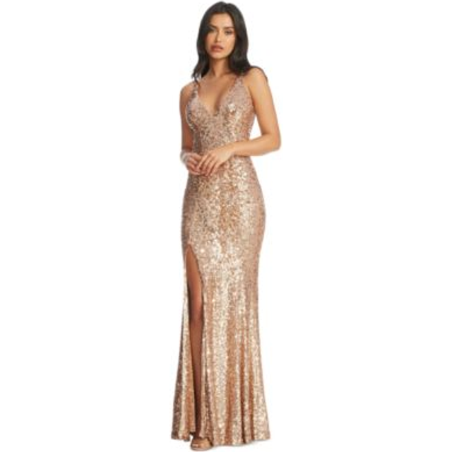 Dress The Population Iris V Neck High Slit Bodycon Maxi Dress In Gold - L