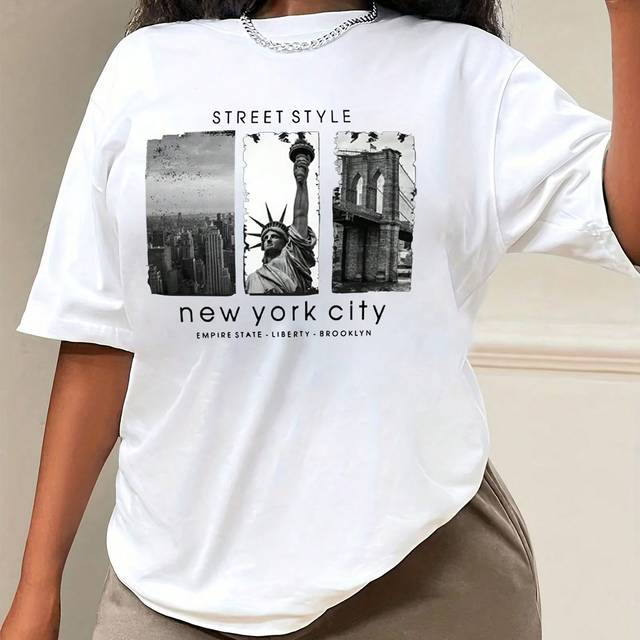SHEIN Landscape & Letter Print Short Sleeve T-Shirt For Summer STREET STYLE New York City EMPIRE STATE LIBERTY BROOKLYN Graphic Tees Women Tops