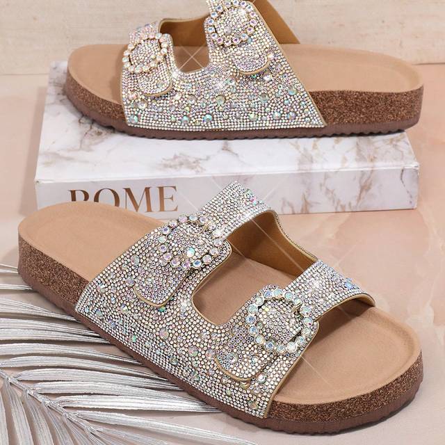SHEIN Best Seller Women&#39;s Sparkling Rhinestone Double Buckle Open Toe Cork Platform Flat Glam Rhinestone Champagne Sandals-Comfort, Luxury,Sparkle. Vacation
