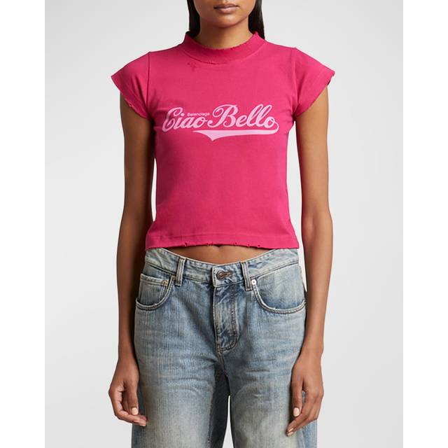 Logo Distressed Crop Shrunk T-Shirt - 5522 MAGENTA - Medium