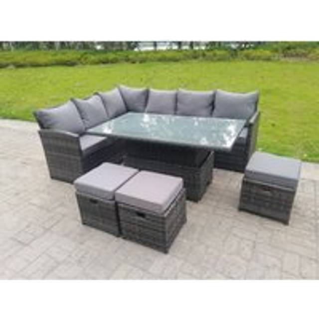 Fimous High Back Corner Rattan Garden Furniture Sofa Rising Lifting Dining Table Height Adjustable 9 Seater 3 Small Foot Stools - One Size