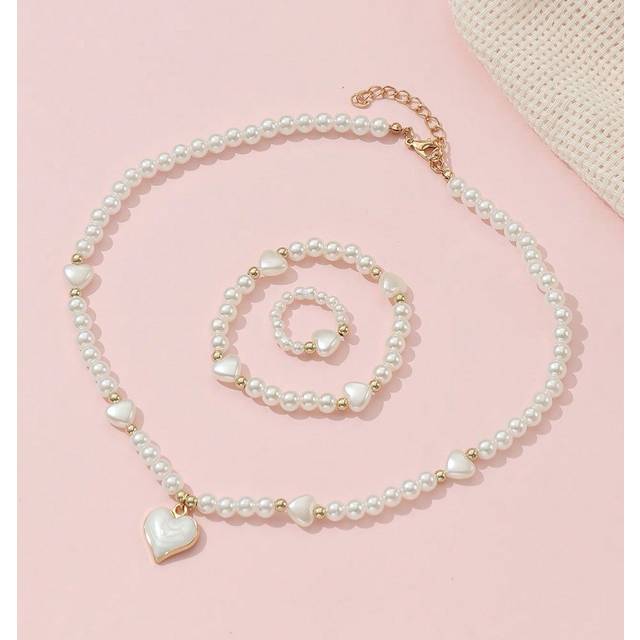 SHEIN 3pcs/Set White Pearl Beaded Heart Pendant Necklace, Bracelet And Ring Jewelry Set, Elegant And Suitable For Girls Party Wear