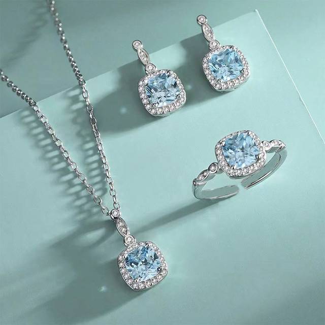 SHEIN 4pcs/Set Ocean Heart Shaped Blue Cubic Jewelry Set Necklace, Earrings, Ring, Perfect Gift For Girlfriend, Daily Wear & Special Occasions