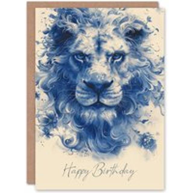 Birthday Card Blue Stylised Ethereal Lion With Flowers For Him Greeting Card