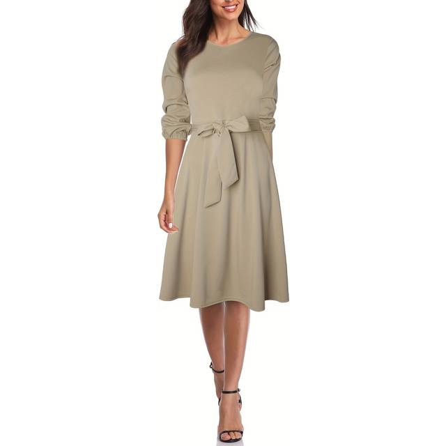 (XXL, khaki) women's Evening Dresses Elegant Formal Wedding Festive Dress with Belt 3/4 Sleeve Knee-Length A-line Cocktail Dress Party Dress Prom Dres