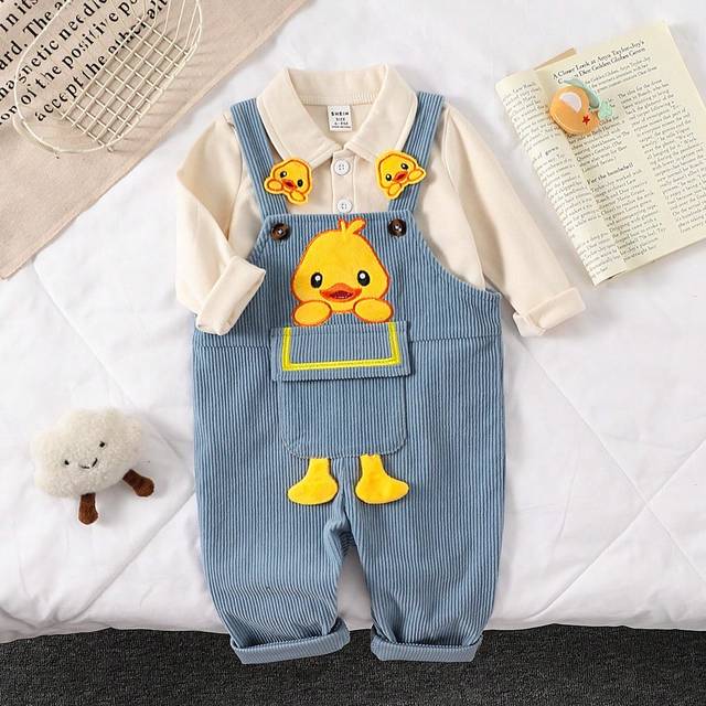SHEIN 2pcs Baby Boys Cute Duck Embroidered Long Sleeve Polo Top And Corduroy Bib Pants Set, Colorblock Casual Outfit For Home & Outing, 4 Seasons