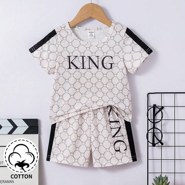 SHEIN Baby Boy 2pcs/Set Classic Printed Letter Detail Cute Elegant Gentleman Daily Casual Sports Outfits, Spring/Summer