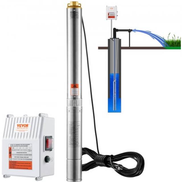 VEVOR Dränkbar pump med djup källa 1500W Effekt 9,8 m³/h Max flöde 108m Max huvud vattenpump i rostfritt stål IP68 Vattentät med extern kontrollbox för industri, jordbruksmark eller hemmabruk