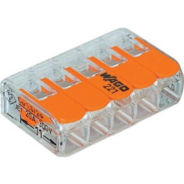 25 piece Wago connection Block with 5 conductors and the actuating lever 0.2-4 mmÂ², small transparent design, 221-415,