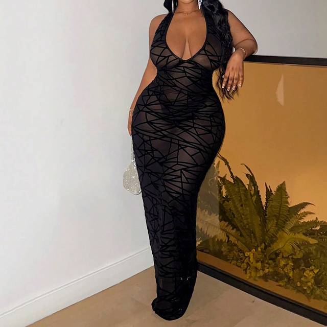 Slaydiva Plus Size Women Elegant & Party & Sexy Fitted Solid Black Sleeveless Deep V Neck Sheer Geometric Print Flocked Dress, Spring Summer