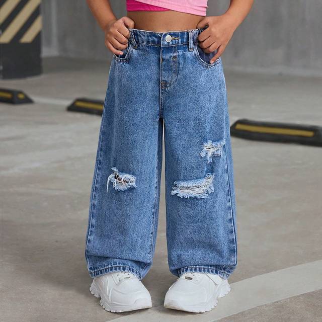 SHEIN SLAYR KIDS Young Girl Y2K Casual Distressed Loose Wide-Leg Denim Jeans, Street Cool Style Denim Pants, Girl Fall And Winter Clothes