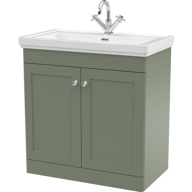 Traditional Floor Standing 2 Door Vanity Unit with 1 Tap Hole Fireclay Basin, 800mm - Satin Green