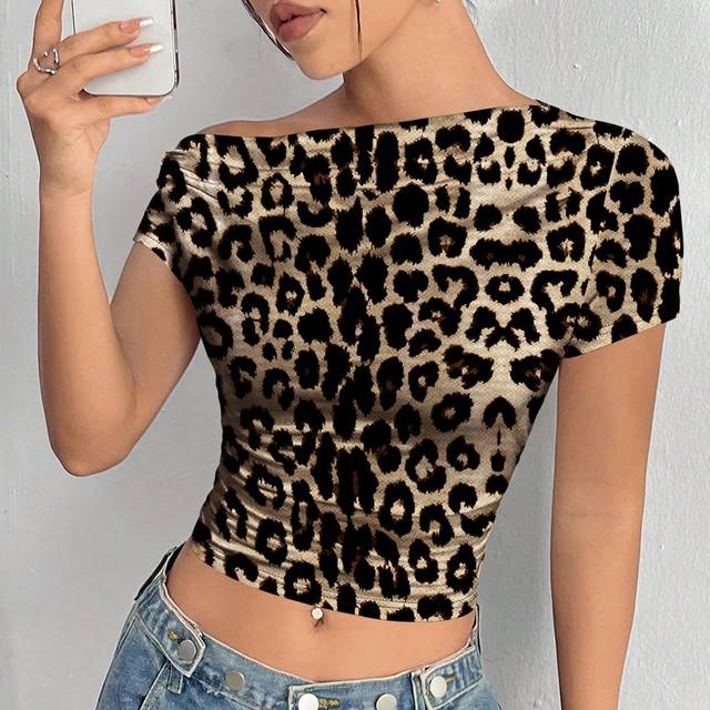 Flirla Leopard Pattern Fully Allover Print Oblique-Shoulder Ruched Short Slim Fit T-Shirt Graphic Cheetah Print Tees Women Tops