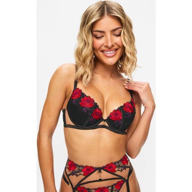 Ann Summers Caged Rose Padded Plunge Bra, Black/Red 32E - red