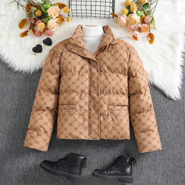 SHEIN Vintage Geometric Print Reversible Collar Warm Padded Coat For Teen Girls, Winter