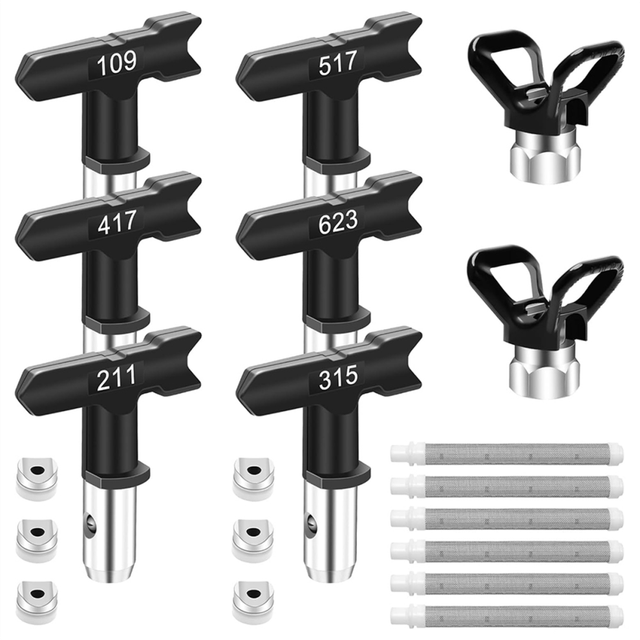 Airless Paintsprayer Set, 6 Double Sided Paint Spraynozzles, Spraygunfilters & 2 Nozzle Tip Guards