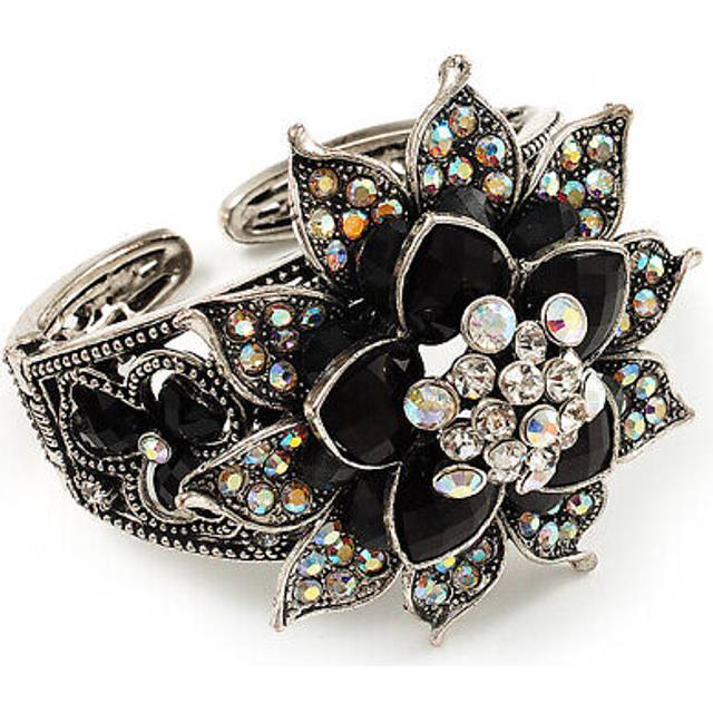 Divine ab crystal flower hinged bangle bracelet (burn silver)