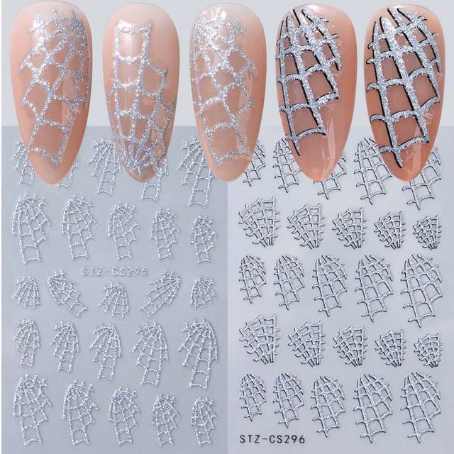 SHEIN 4pcs Glitter Spider Webs Nail Art Stickers 3D Sparkling Self-Adhesive Decals Y2K Holographic Halloween Design Nail Decoration Accessories DIY Manicure
