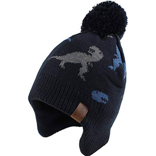 Kids Winter Pompom Hat Scarf Set Warm Knitted Toddler Fleece Cap Baby Girl Twist Earflap Hats (Dinosaur Navy Hat,XS)