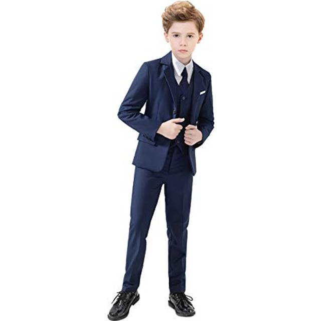 Boys Suit Navy Slim Fit Suits for Kids Formal Outfit Boy Tuxedo with Blazer Vest Pants Shirt and Tie Size 10