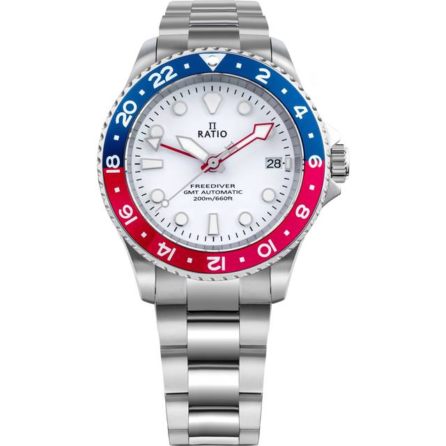 Ratio FreeDiver GMT Series Sapphire Stainless Steel White Dial Blue Red Pepsi Bezel Automatic RTF061 200M Men's Watch