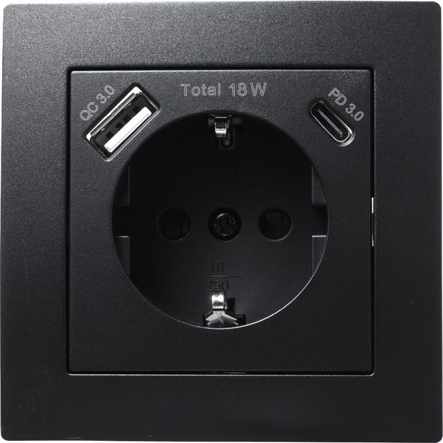 Steckdose mit 1x USB-C - 18W Quickcharge + 1x USB-A | FLAIR | 250V~/16A, Unterputz Wandsteckdose mit Einsteckschutz matt Schwarz