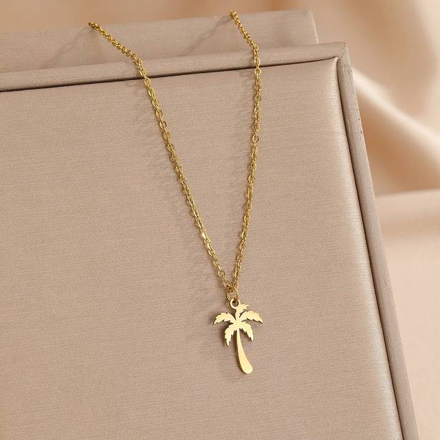 SHEIN 1pc Stainless Steel Coconut Palm Tree Pendant Necklace, Suitable For Women For Everyday And Holiday Beach Wear