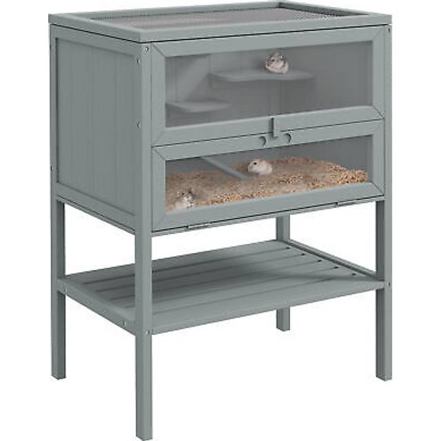 Pawhut Wooden Hamster Cage W/ Storage Shelf, Openable Top For Gerbils, Grey