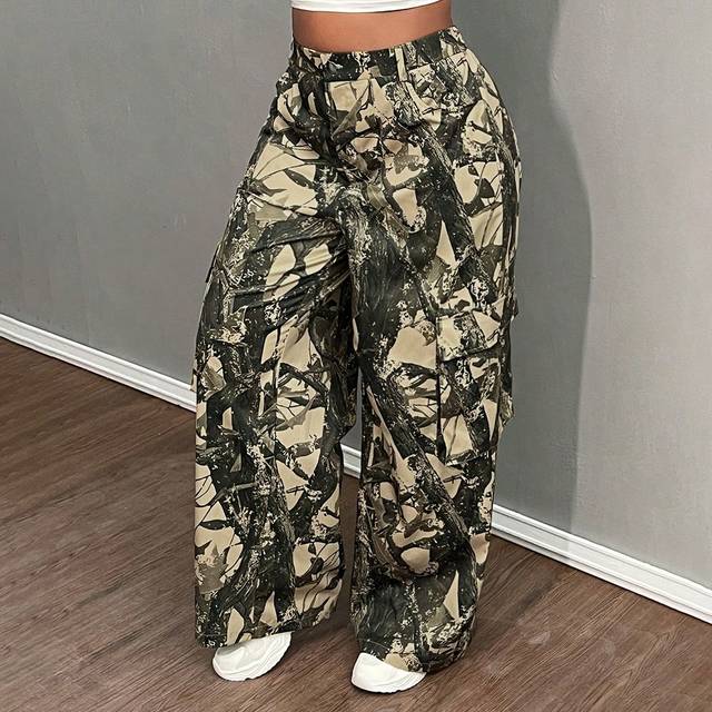 Slaydiva Plus Size Summer And Autumn Plant Branch Print Pattern Green Dark Green Straight Pants Women&#39;s Pants-Z